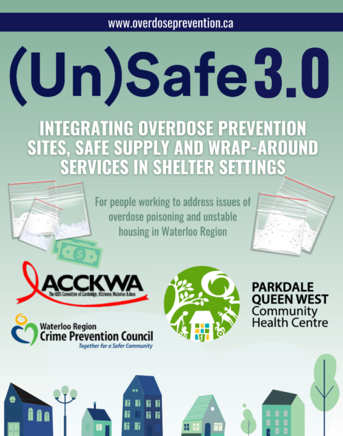 Poster Image: UnSafe 3.0: Integrating overdose prevention sites, safe supply, and wrap-around services in shelter settings. For people working to address issues of overdose poisoning and unstable housing in Waterloo Region.